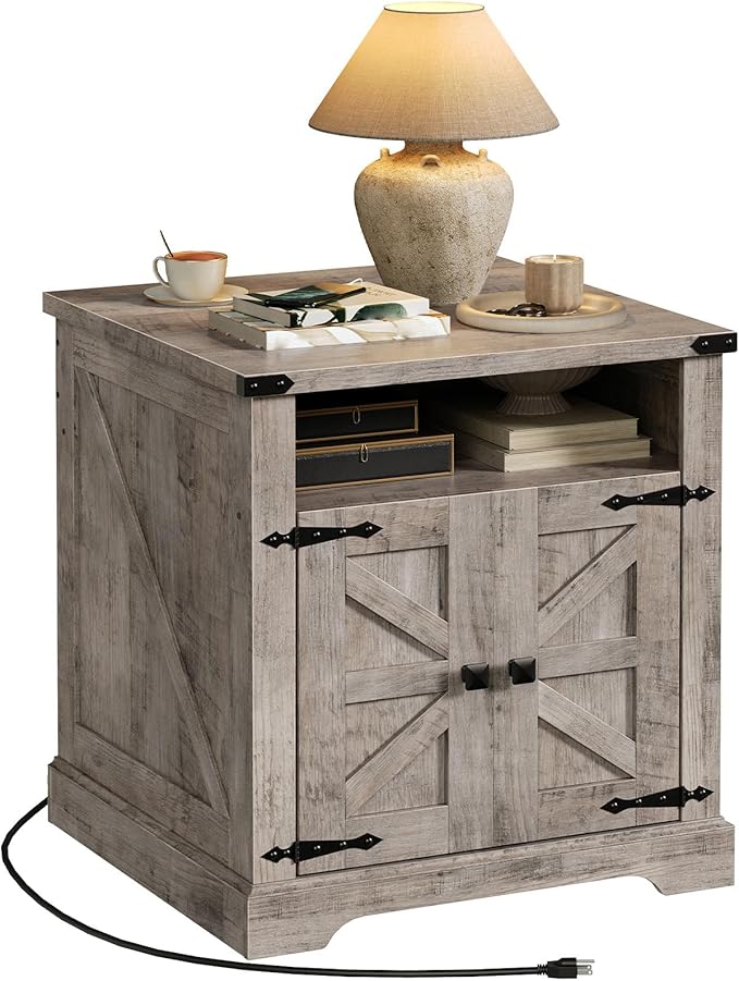 HOOBRO Farmhouse End Table with Charging Station, 23.6" Large End Tables for Living Room, Sofa Side Table with Barn Door, Wooden Square Nightstand Bedside Table, Flip Top, Greige GY601UBZ01