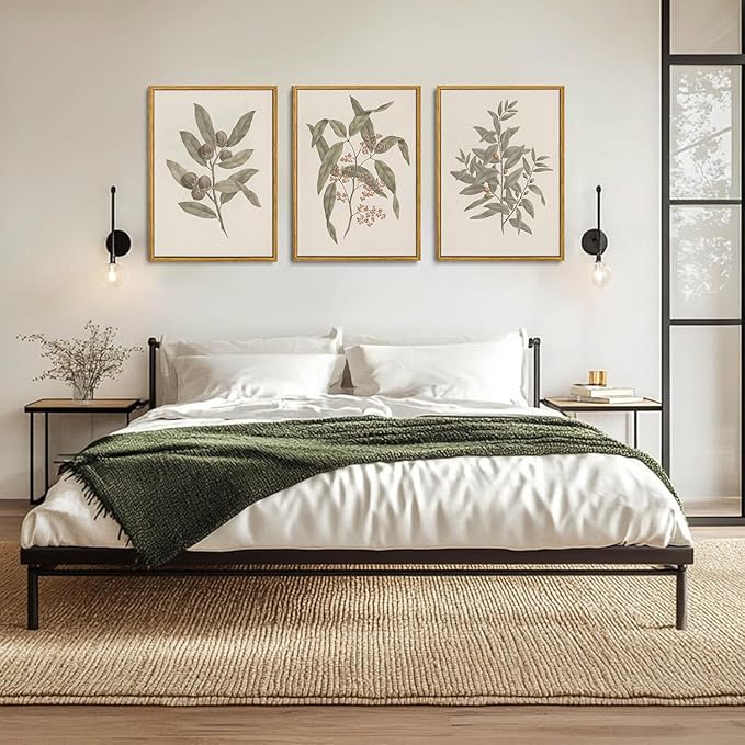 Wodkwq 3 Piece Vintage Botanical Canvas Wall Art Framed, Neutral Farmhouse Country Wall Decor,Sage Green Leaves Plants,Floral Painting For Living Room,Bedroom,Office,Kitchen 16x24in