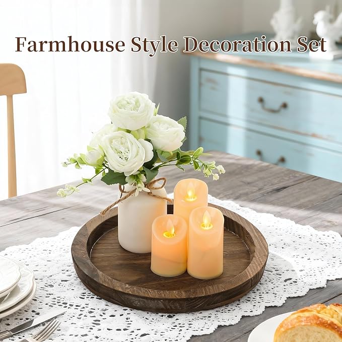 Rustic Farmhouse Wooden Candle Tray Set-Wooden Tray with Flameless Candles & Flowers, for Coffee Table, Dining Table Decor, Living Room&Home Decor, Decor for Living Room Table centerpieces