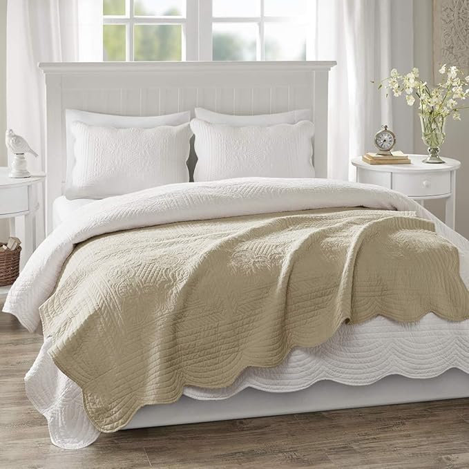 Madison Park Luxe Quilted Throw Blanket - Damask Stitching Design, Cotton Filled Spread, Ultra Soft, Cozy Bedding for Living Room Couch, Sofa, Bed, 60x72", Scalloped Borders Khaki