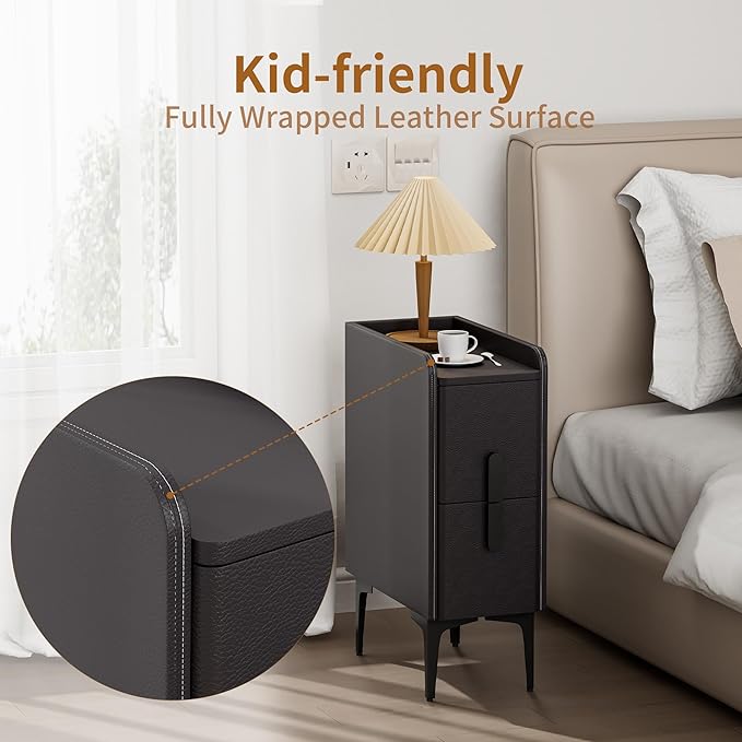VICITON Narrow Nightstand with 2 Drawers, Narrow Side Table Leather Surface, Slim Bedside Table for Bedrooms, Dormitories, Living Rooms (Dark Gray, 15.7" D x 7.8" W x 22.4" H)