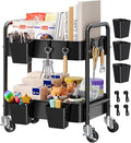 2 Tier Small Rolling Metal Cart with Wheels, Black Under Desk Storage Cart on Wheels, Short Utility Roller Carts Organizer for Pantry, Bathroom,Kitchen,Office, Two Tiered Mobile Storage Shelf Trolley