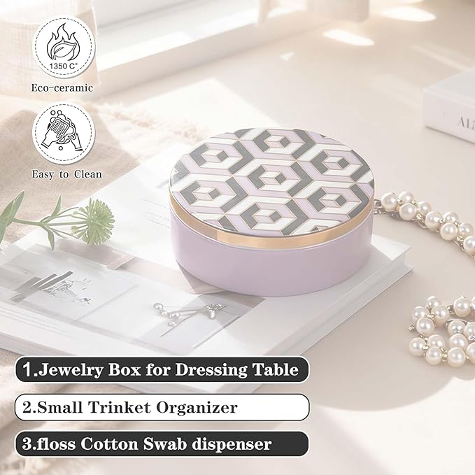 4.3 Inch small Ceramic Jewelry box with Lid - Small Jewelry Display Organizer Holder Trinket Storage box for Dressing Tables, Nightstands or Office, Great Gift for Baby Keepsake