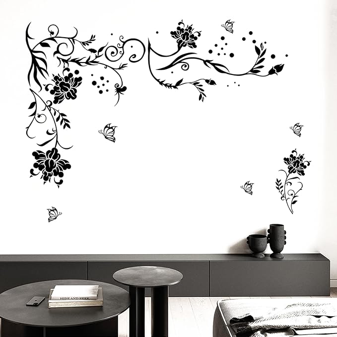 Supzone Flowers & Butterflies Wall Decals - DIY Black & Floral Wall Stickers for Bedrooms & Living Rooms
