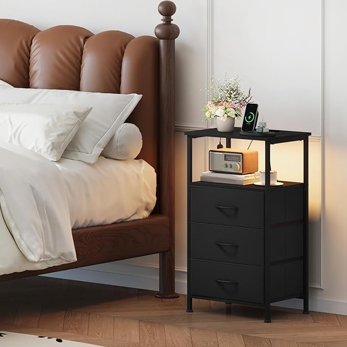 Somdot Nightstands Set of 2,Bedside Tables with Charging Station and LED Lights,Night Stand with 3 Fabric Drawers, End Tables with Open Shelf for Bedroom Living Room Entryway Hallway, Black