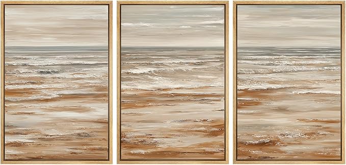 MUDECOR Framed Wall Art Print Set Neutral Coastal Seascape Minimalist Ocean Waves and Sandy Shore Illustrations Modern Art Boho Decorative for Living Room, Bedroom, Office - 16"x24"x3 NATURAL