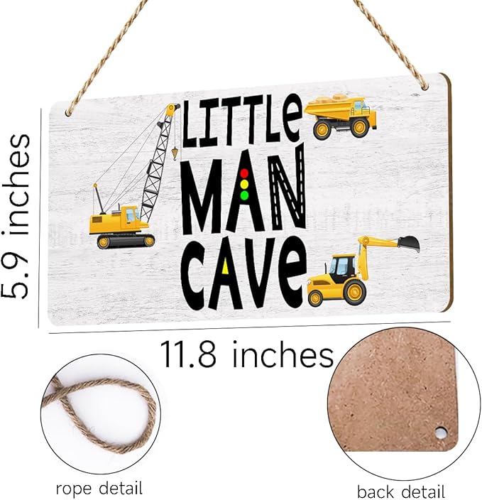 Construction Boy Room Decor-Little Man Cave Sign 6"x12" Construction Wall Decor Wooden Hanging Plaque Wood Sign Living Room Bathroom Farmhouse Playroom Bedroom Nursery