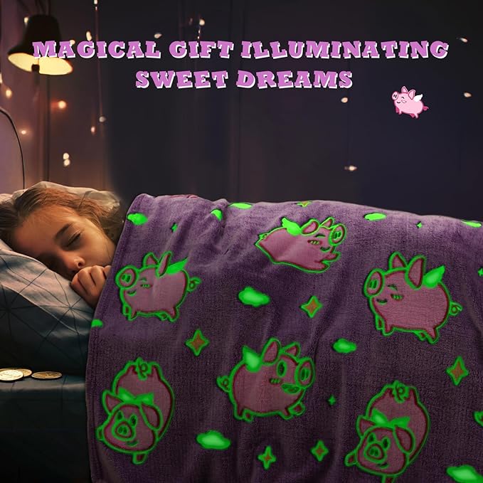 Pig Glow in The Dark Blanket - Soft Fleece Animal Pig Throw Blanket for Girls Age 3-12, Cute Pink Pigs Toys Gifts for Girls, Teens, Birthday, Kids Room Decor 50"x60"
