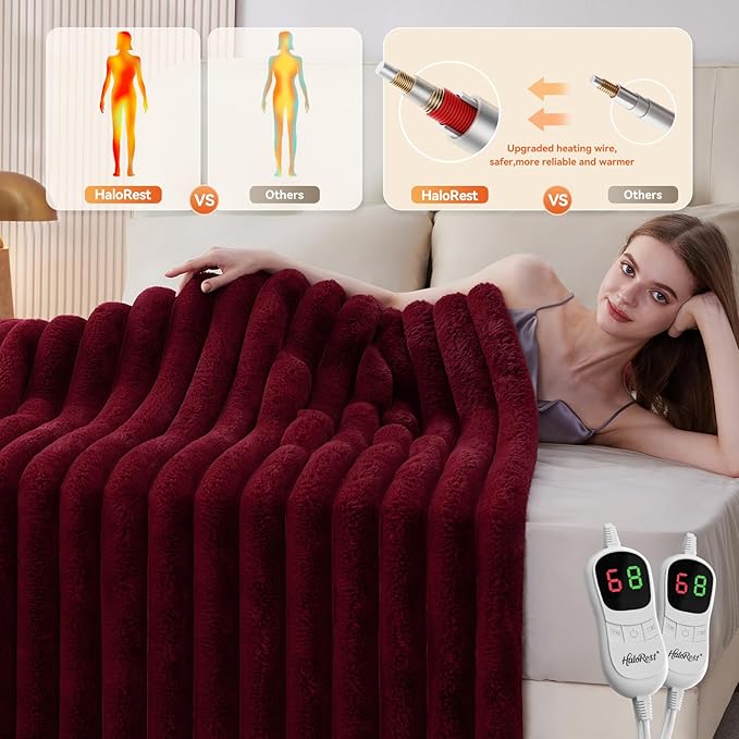 Heated Throw Blanket, Faux Fur Cozy Heating Blanket with Overheat Protection, 1/2/4/6/8 Hours Auto-Off 10 Heat Level, Machine Washable (84x90 Inches, Red)