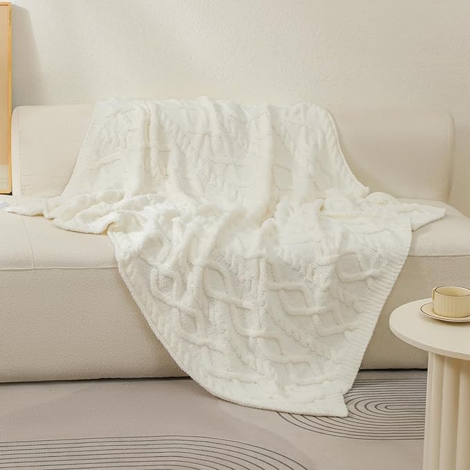 bearberry Plush Fleece Blanket Ultra Cozy & Warm Cable Knit - Machine Washable Throw for Living Room, Bedroom, Office | Lightweight Fuzzy Blanket for Adults, Kids, Pets (Cream, 50”x60”)