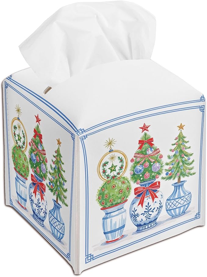 Christmas Trees Tissue Box Cover Square, Christmas Leather Tissue Box Cover Holder, Xmas Gift Ideas for Family Friends, Bathroom Kitchen Car Office Decor, Porcelain Print (5.2 Inches)-B03