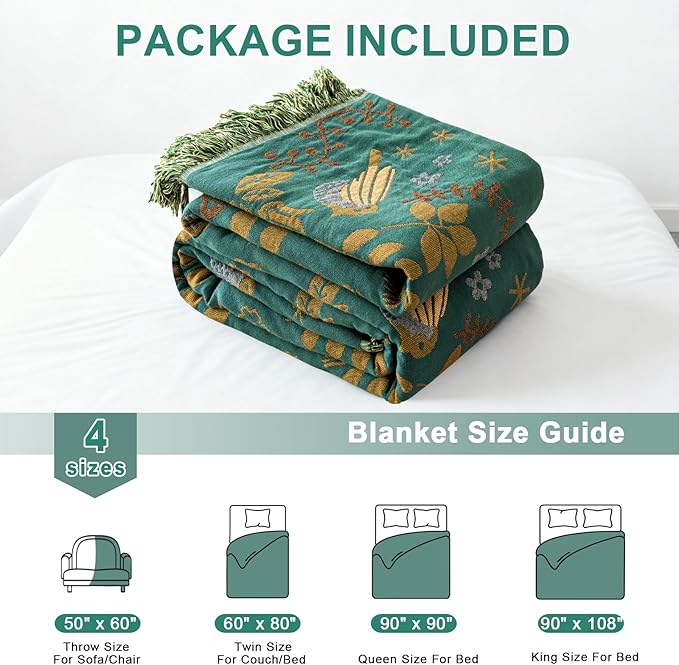 Boho Throw Blanket 50"x60", Soft Cozy 100% Cotton Blanket for Bed, Spring Blankets with Floral Bird Farmhouse Decor Breathable Lightweight King Size All Season