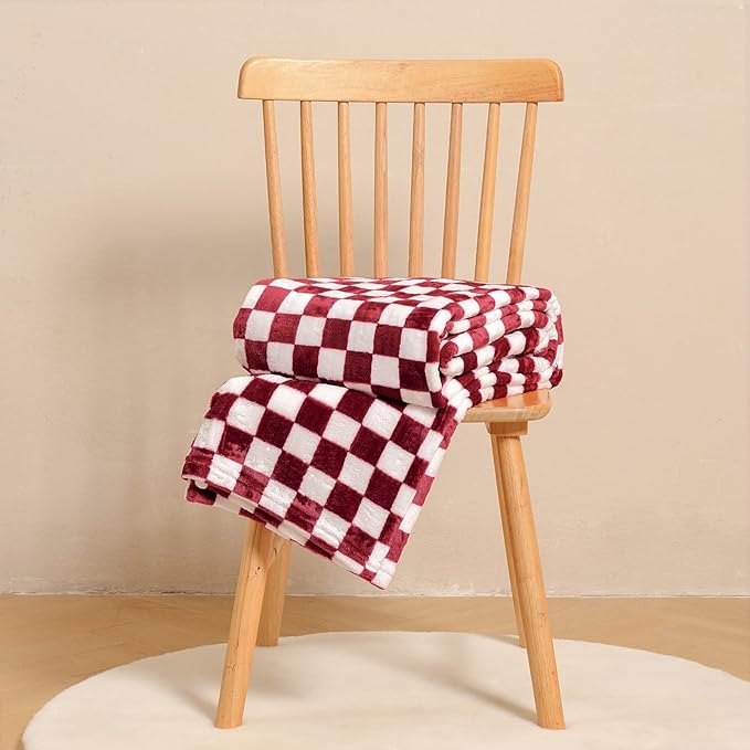 FY FIBER HOUSE Checkered Flannel Fleece Throw Blanket King Size Soft Cozy Checkerboard Grid Print Chessboard Pattern Blankets for Bed Couch Sofa, 90"x108", Burgundy