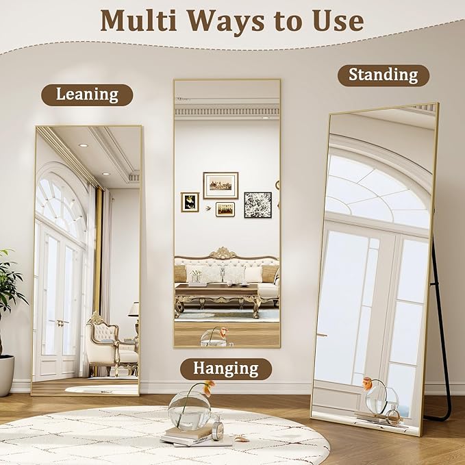 56" x 21" Full Length Mirror with Stand, Standing/Leaning/Wall Mounted Full Body Floor Mirror for Bedroom, Living Room, Entryway, Cloakroom with Aluminum Alloy Frame Gold