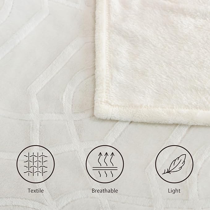Soft Cozy Fleece Throw Blanket, 50x60 Inches – Lightweight Plush Blanket for Couch, Fuzzy 3D Jacquard Design, for Sofa, Bed & Travel - Ivory White
