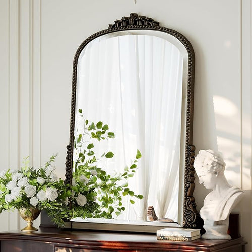 40x28 Beaded Arched Mirror, Bathroom Mirror for Over Sink, Metal Frame Wall Decor for Entryway, Bedroom, Living Room, Bronze