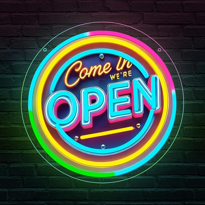 Neon Open Sign for Business, 13 * 13'' Colorful Adjustable Brightness Come in We’re Open Sign for Business Walls Window Party Bar Salon Shop Hotel