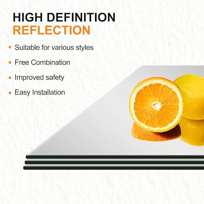 Delma Frameless Mirror Tiles 16"x12"x8 Pcs Wall Mounted, Shatter Resistant Full Length Tempered Glass Panels for Home Gym Bathroom Bedroom & Living Room Decor