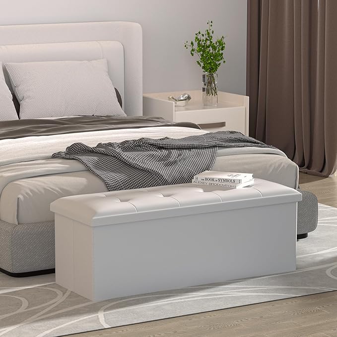 MoNiBloom 43 Inch Storage Ottoman Bench, 34 Gal. Folding Ottoman Footrest, End of Bed Bench, Rectangle Foot Stool, Supports 600 lbs, for Bedroom, Living Room, Entryway, Hallway, White