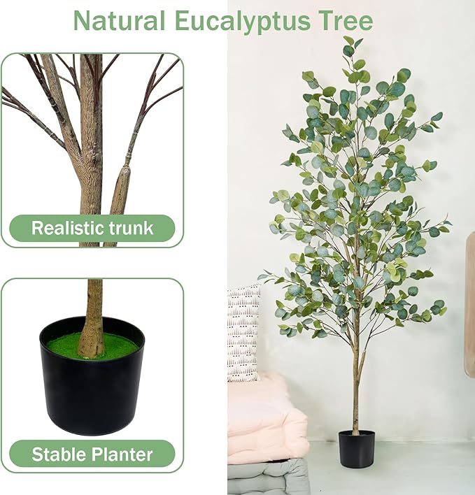Faux Eucalyptus Tree 6FT, Artificial Potted Tree for Indoor Outdoor, Fake Floor Plants with Natural Wood Trunk, Home Office Living Room Bedroom Decor