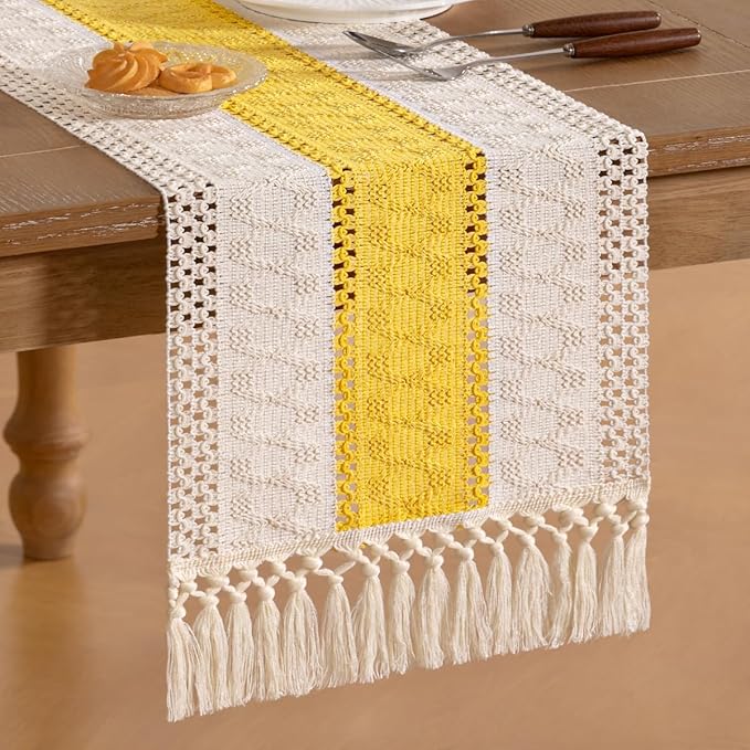Socomi Boho Table Runner Easter Spring Farmhouse Rustic Dining Kitchen Centerpiece Decor Small Macrame Woven Cotton Coffee Table Runner for Dresser Scarf Home Decor 12x60 in Yellow Gold Ivory
