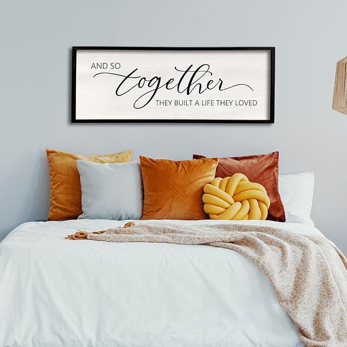 comurdyo And So Together They Built A Life They Loved Framed Wood Farmhouse Sign - 32'X12' Master Bedroom Above Bed Wall Art for Love Sign Decor (Black)