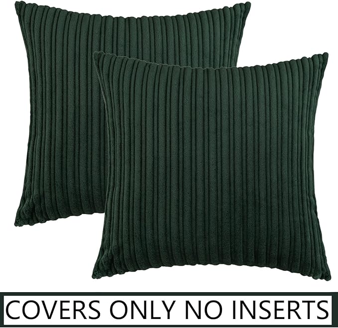 UGASA Velvet 20x20 Inch Soft Throw Pillow Covers Decorative Striped Corduroy Both Sides Solid Square Cushion Cases Boho Farmhouse for Couch Bedroom Sofa Home, Pack of 2, Dark Green