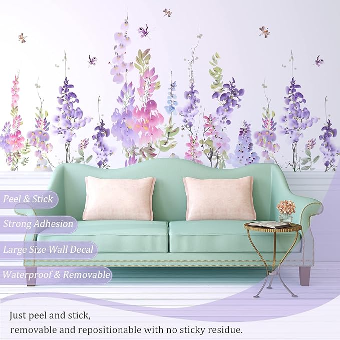 Purple Flowers Wall Decals Peel and Stick, Large Hanging Floral Vinyl Wall Stickers, Removable Vine Home Decor Art for Bedroom Living Room Classroom Office