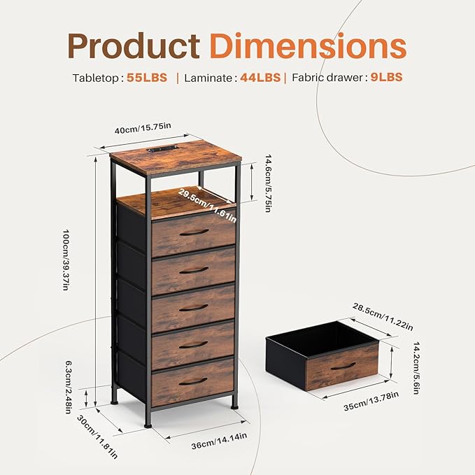 Sweetcrispy Nightstand with Charging Station, Bedside End Table with 5 Fabric Drawers & USB/Type-C Ports and Outlets, Night Stand for Bedroom Furniture, Adjustable Feet and Variable Light Strip, Rust