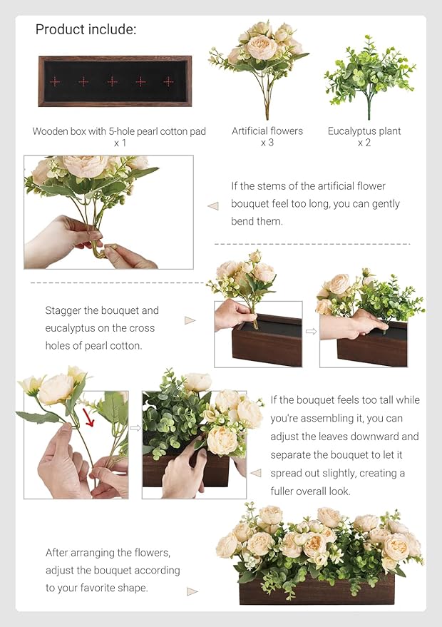Dahey Centerpiece Table Decorations for Dining Room Farmhouse Living Room Table Centerpieces Decor Wood Tray with 3 Artificial Flowers and 2 Eucalyptus for Kitchen Table, 14.1" x 4.7" x 3.1", White