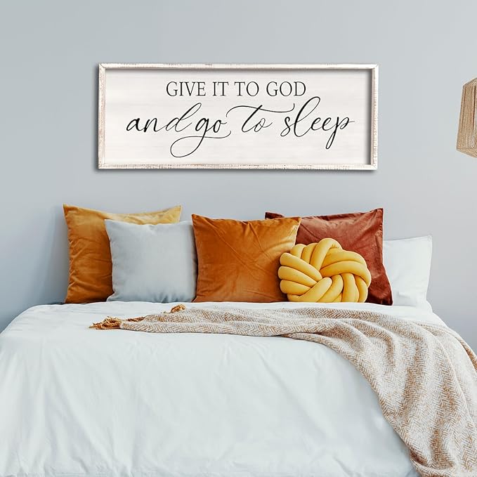 comurdyo Christ Religious Wall Decor Give It To God And Go To Sleep Sign 40"×15" for Christian Prayer Holy Modern Rustic Simple Master Bedroom Above Over Bed Wall Decor Plaque Hanging (White)