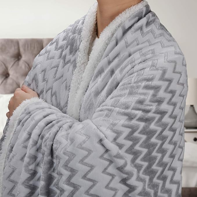 Catalonia Silky Soft Grey Sherpa Throw Blanket, Flannel Chevron Micro Plush Fleece Throws for Couch Sofa TV Bed, Reversible, Comfy, Fuzzy, 50"x60"