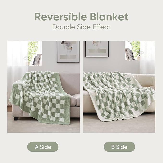 Snuggle Sac Checkered Throw Blanket for Couch, Super Soft, Cozy Warm Knit Blankets, Reversible Plaid Fluffy Throws for Sofa, Bed, Checkered Sage Green, 50x60 Inches