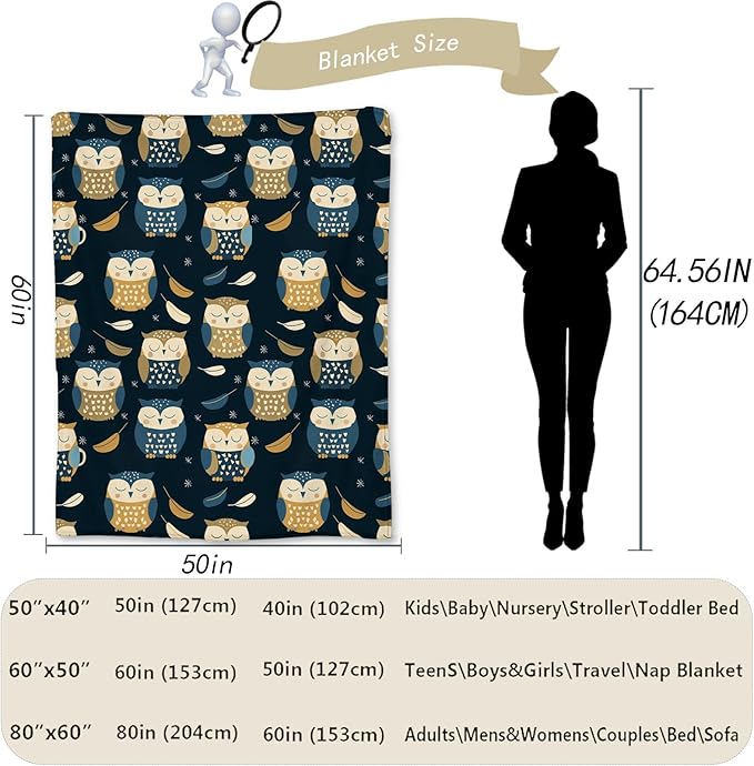 Cartoon Owl Blanket | Soft Warm Cozy Lightweight Flannel Throw Blanket Perfect for Couch, Bed, Decor, Travel & Outdoor Use, Fuzzy Blankets for Adults Kids Women Girls 60×50 in