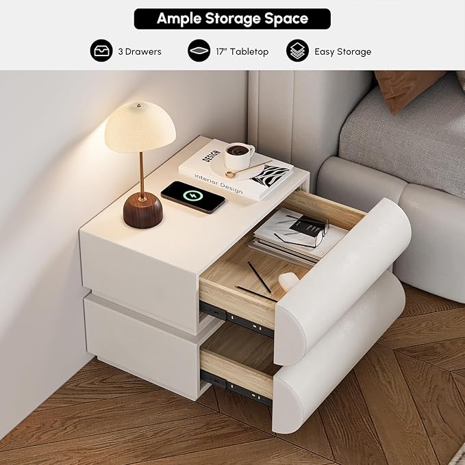 homary Smart Nightstands Set of 2 with Wireless Charging Station, USB & Type-C Ports, Faux Leather White Night Stands Modern Bedside Tables for Bedroom Storage, Fully Assembled