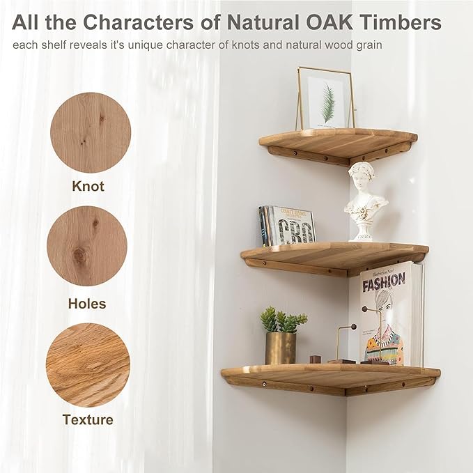 Corner Shelf, Solid Oak Wood Floating Corner Shelf Wall Mount Round End Floating Speaker Shelves with Wire Hole for Small Plant Photo for Bedroom Kitchen, Living Room