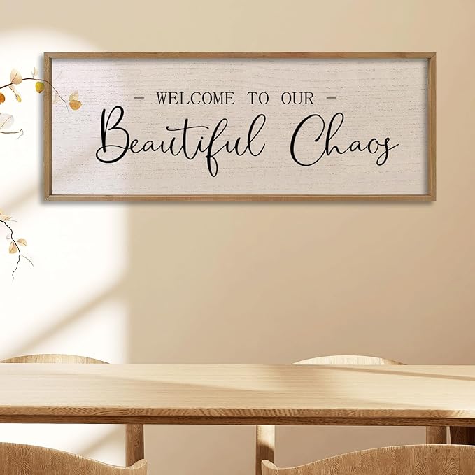 comurdyo Welcome To Our Beautiful Chaos Sign 32"X12" for Farmhouse Living Room Wall Decor Home Rustic Large Family Wood Framed Wall Art Plaque Hanging (Wood)
