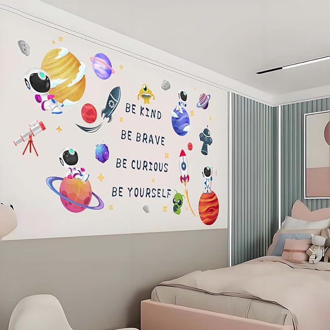 Outer Space Astronaut Wall Stickers - Be Kind Be Brave Inspirational Quotes Planets Rocket Boys Wall Decals - Baby Nursery Kids Room Daycare Wall Decor