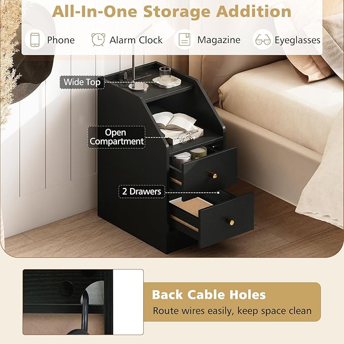 KOMFOTT Set of 2 Side Tables with Charging Station, End Tables with Storage Drawers, Sofa Couch Tables for Small Space, Modern Narrow Nightstands for Bedroom (Black,2)