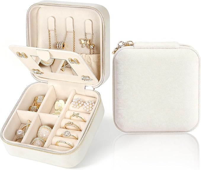 Plush Velvet Travel Jewelry Case Small Jewelry Box Jewelry Organizer Storage Case Portable Jewelry Travel Case for Girls Womens Earring, Necklace, Rings,Bracelets with Mirror