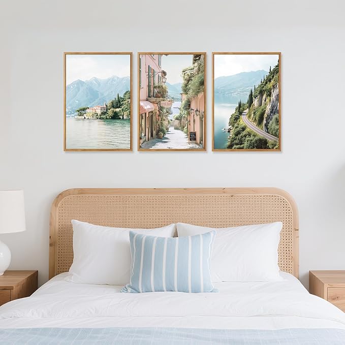 CHDITB Coastal Wall Art, Coastal Town Framed Canvas Poster, Mountain Lakeside Village Scenery Wall Decor, Modern Ocean Country Landscape Artwork for Living Room, Bedroom office decor 12"x16"x3