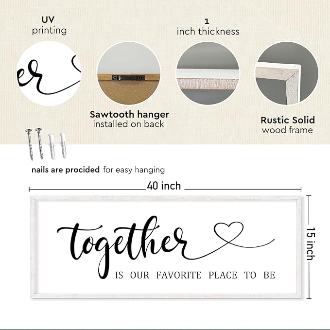 YWJKWLGS Together Is My Favorite Place to Be Sign Master Bedroom Wall Decor Above Bed 40x15 Inch Love Quotes Wall Art Large Rustic Modern Wood Framed for Couplesn (White)