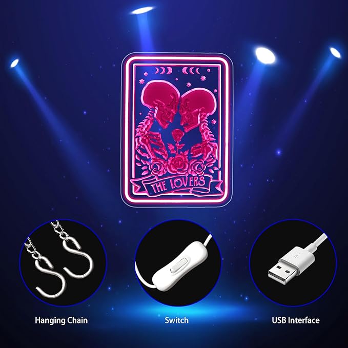 Neon Sign, Skull Lover Neon Signs for Wall Decor - Pink LED Light for Man Cave, Bedroom, Gaming Room - USB Powered Light Up Sign Halloween Christmas Party Decoration