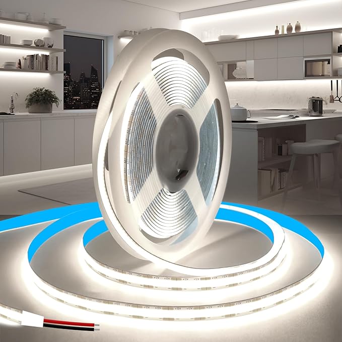 COB LED Strip Lights 16.4ft/5m, 24V LED Light Strip, Daylight White 6000K Under Cabinet Lighting, Super Bright Flexible Tape Lights for Bedroom,Mirror,Kitchen,Living Room(Power Supply Not Included)