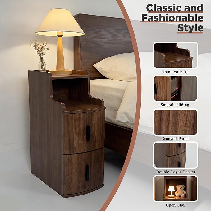 Skinny End Table with 2 Storage Drawers for Living Room Office Slim Side Table Mini Small Nightstand Narrow Beside Table for Sofa Bedroom (1, Walnut)