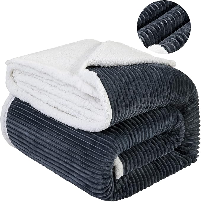 LBRO2M Striped Sherpa Fleece Bed Blanket Queen Size, Super Soft Fuzzy Plush Warm Cozy Fluffy Microfiber Couch Throw Velvet Double Reversible Luxurious Blankets (90x90), Dark Grey