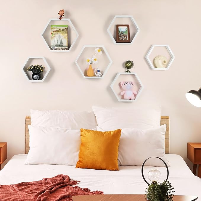 Hexagon Floating Shelves Set of 6 Wood Honeycomb Shelves Wall Mounted Farmhouse Storage Honeycomb Wall Shelf Hexagonal Decor Shelf with Hanging Hardware for Bedroom Living Room Kitchen, White MDF