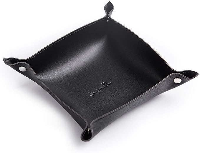 SANQIANWAN Leather Jewelry Valet Tray for Women and Man, Portable Entryway Table Tray Bedside Nightstand Desk Tray Small Catchall Travel Dish Plate for Key,Wallet,Watch,Coin (Black-B)