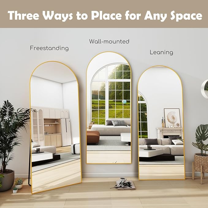 Arched Full Length Mirror, 64 "x 21" Floor Length Mirror with Stand, Wall Mounted Mirrors, Standing Mirrors with Aluminum Alloy Frame, Freestanding, Wall-Mounted or Leaning(Gold)