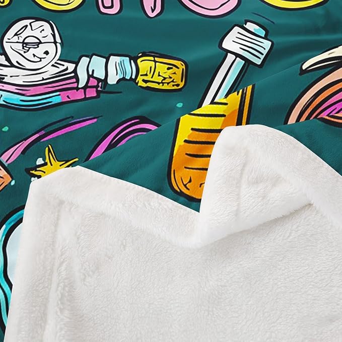 Laboratory Sherpa Blanket Chemistry Lab Fleece Blanket For Kids Teen Boys Young Man Test Tube Microscope Graffiti Blanket Throw Hippie Doodle Science Theme Fuzzy Blanket Baby 30"x40" Blue Green